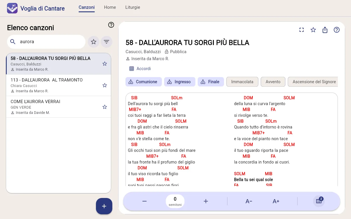L'app sul computer: a sinistra l'elenco dei canti trovati, a destra il canto aperto con gli accordi su due colonne.