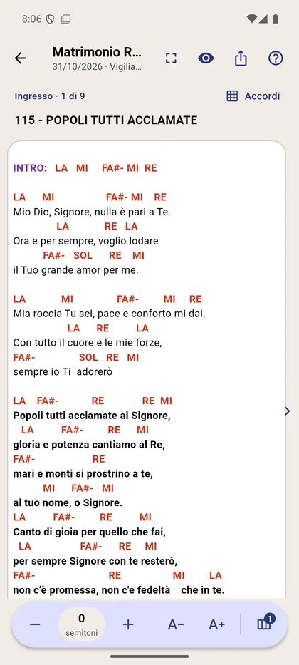 Gli spartiti del «Matrimonio Rossi» sul telefono: il canto d'ingresso, primo di nove, con gli accordi.