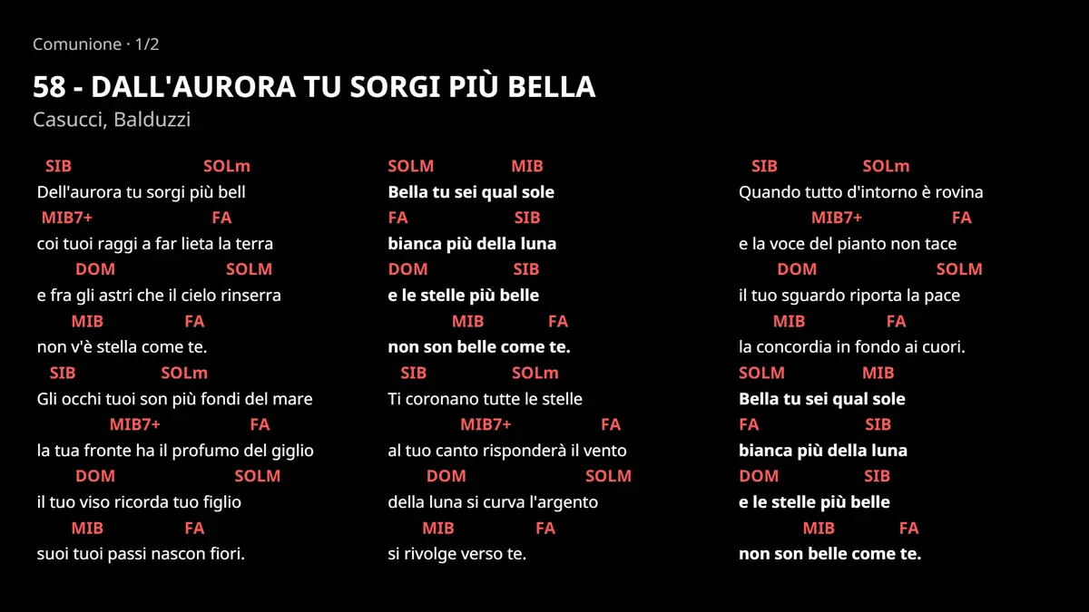 Lo stesso canto sulla TV: testo bianco su fondo nero, accordi in rosso, su tre colonne.