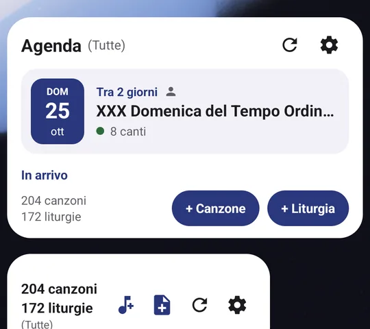 Due widget di Voglia di Cantare nella schermata Home di Android: l'agenda delle liturgie e il numero di canti e liturgie con i pulsanti per crearne di nuovi.